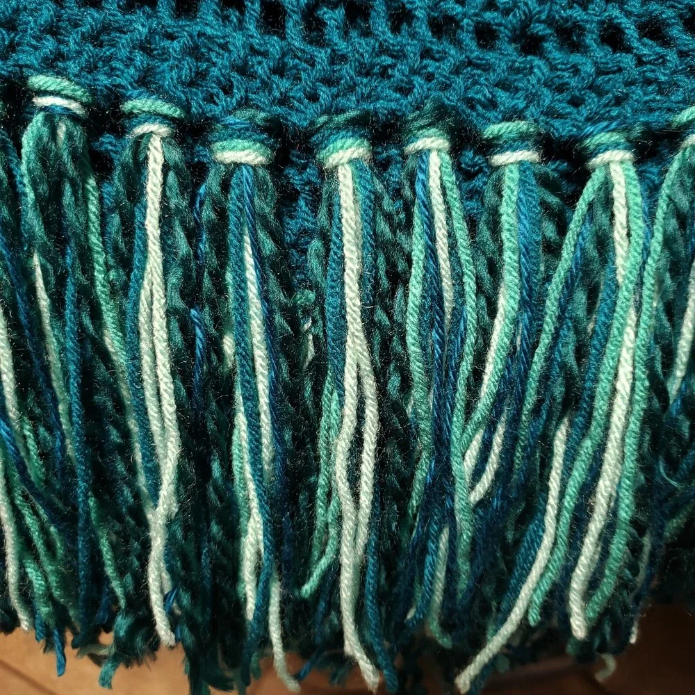 NEW Teal Blue Hand Knitted‎ Shawl Wrap Boho Hippie Fringe Coastal Cottage Indie